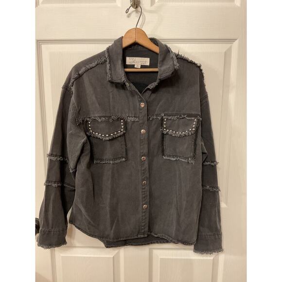 Vintage Havana Studded Peace Sign Twill Black Oversized Shacket, S - Picture 6 of 11